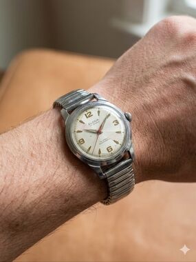 Eloga 17 JEWELS INCABLOC RARE‎ MEN'S STRETCHY SILVER BRACELET WRISTWATCH